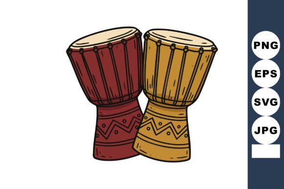 Evaluating African Djembe Drums in Red and Yellow Illustrations for Design Projects