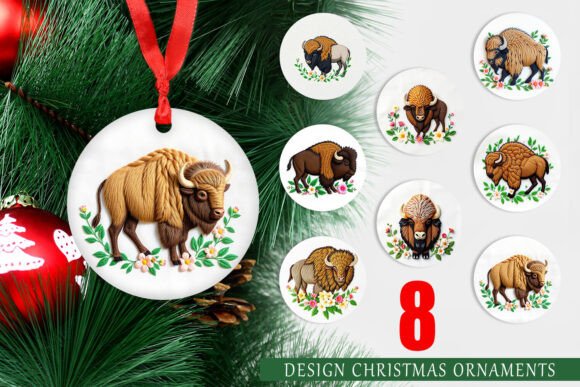 Ornament Bison Embroidery: 8 Festive PNGs