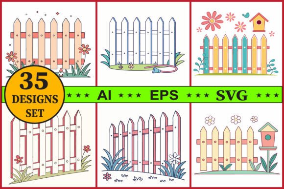 Rustic Wooden Fence Floral Garden Vector Set