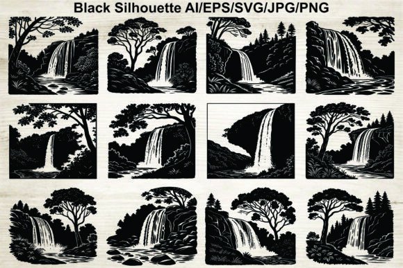 Waterfall Silhouette Icon Set: Elevating Design with Nature-Inspired Graphics